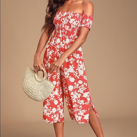 Lulus Pants - Lulus Red Floral Print Culotte Jumpsuit